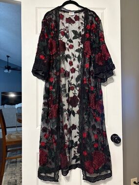 LuLaRoe Black Sheer Cardigan with Red Rose Embroidery